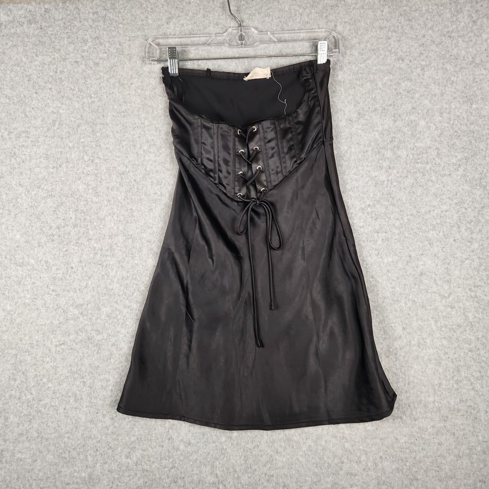 Kiss the Sky Women's Corset Slip Dress S Black Satin Lace-Up Gothic Y2K Clubwear